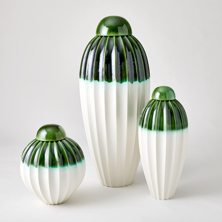 Wide Emerald Green Ceramic Fluted Decorative Jar