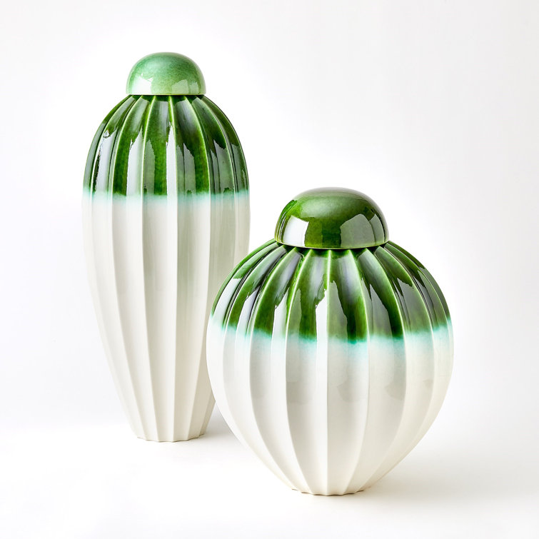Wide Emerald Green Ceramic Fluted Decorative Jar