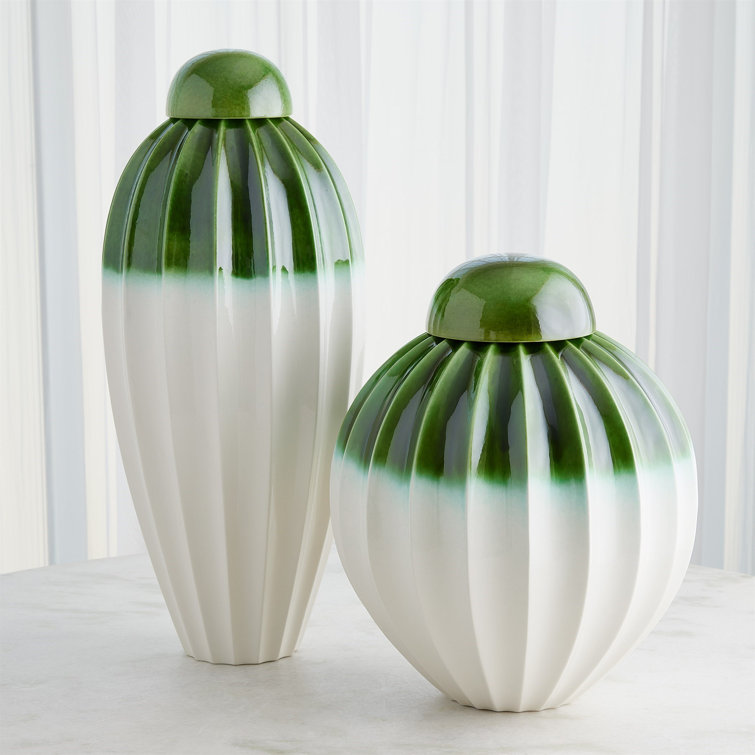 Wide Emerald Green Ceramic Fluted Decorative Jar