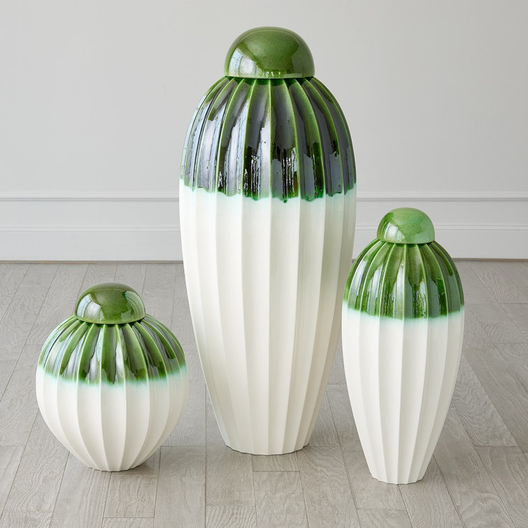 Wide Emerald Green Ceramic Fluted Decorative Jar