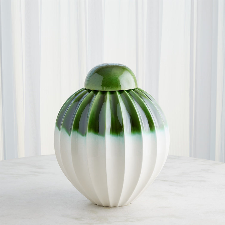 Wide Emerald Green Ceramic Fluted Decorative Jar