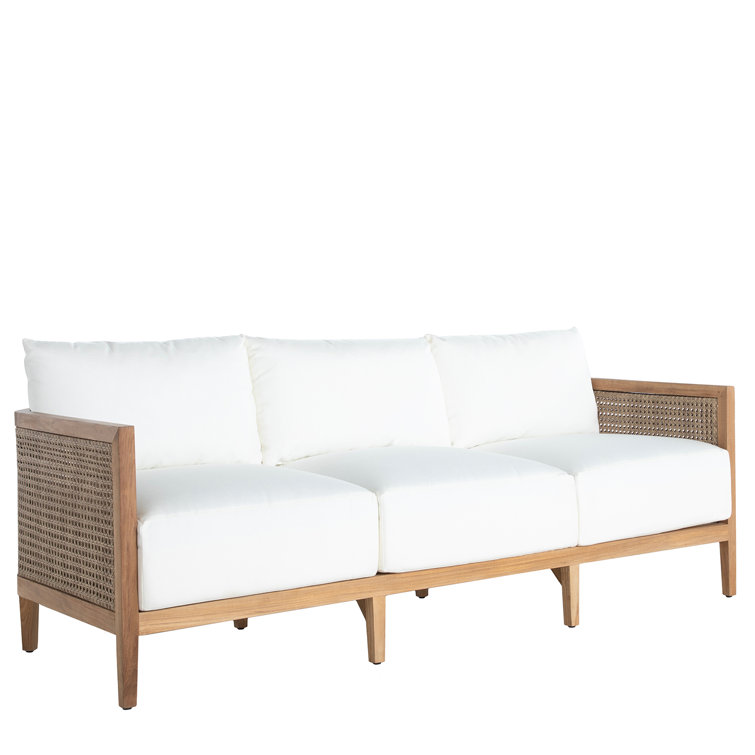 Natural Teak and Wicker Outdoor Patio Sofa with White Cushions