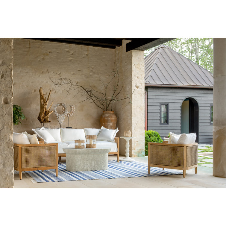 Natural Teak and Wicker Outdoor Patio Sofa with White Cushions