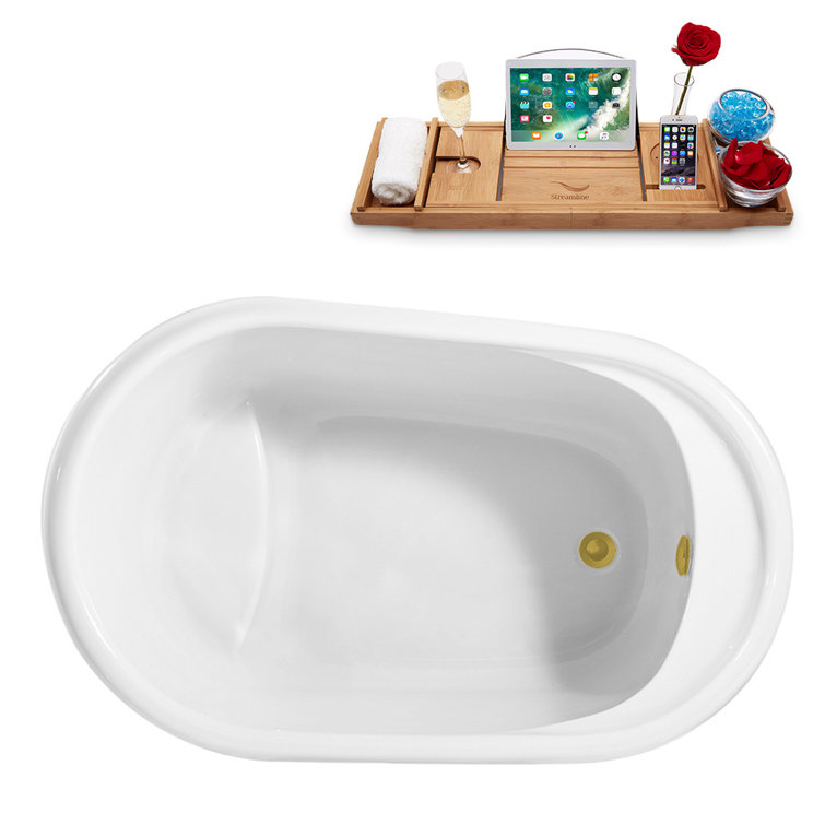 Glossy White Acrylic Freestanding Oval Soaking Tub with Gold Trim