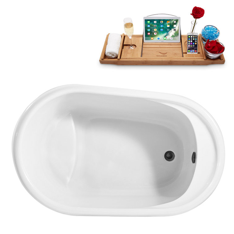 51" Glossy White Freestanding Acrylic Soaking Bathtub with Bamboo Tray