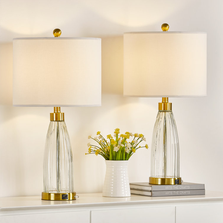 Gold and Glass 25'' Table Lamp Set with USB Ports