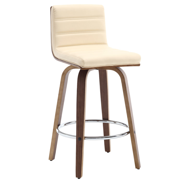 Beige Faux Leather Swivel Counter Stools with Walnut Legs, Set of 2
