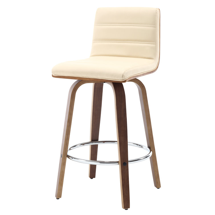 Beige Faux Leather Swivel Counter Stools with Walnut Legs, Set of 2