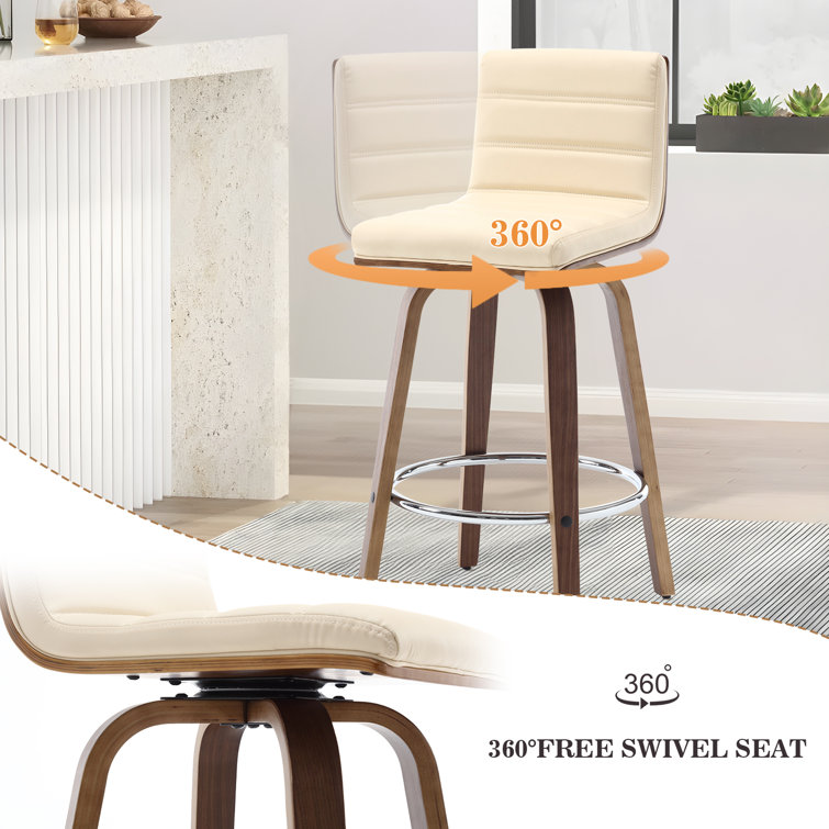 Beige Faux Leather Swivel Counter Stools with Walnut Legs, Set of 2