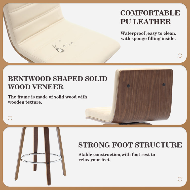 Beige Faux Leather Swivel Counter Stools with Walnut Legs, Set of 2