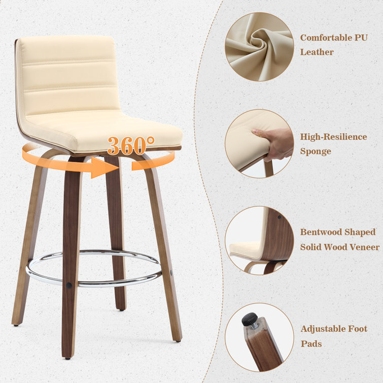 Beige Faux Leather Swivel Counter Stools with Walnut Legs, Set of 2