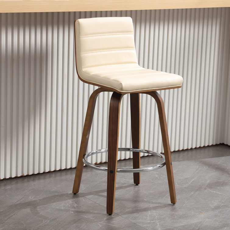 Beige Faux Leather Swivel Counter Stools with Walnut Legs, Set of 2