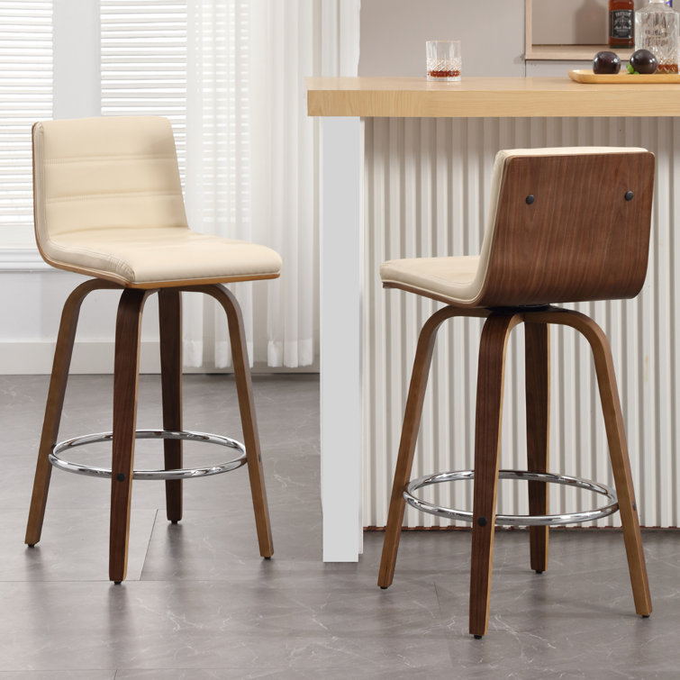 Beige Faux Leather Swivel Counter Stools with Walnut Legs, Set of 2