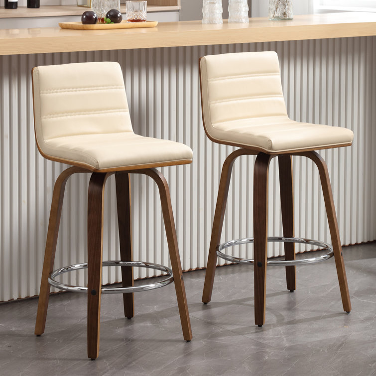 Beige Faux Leather Swivel Counter Stools with Walnut Legs, Set of 2