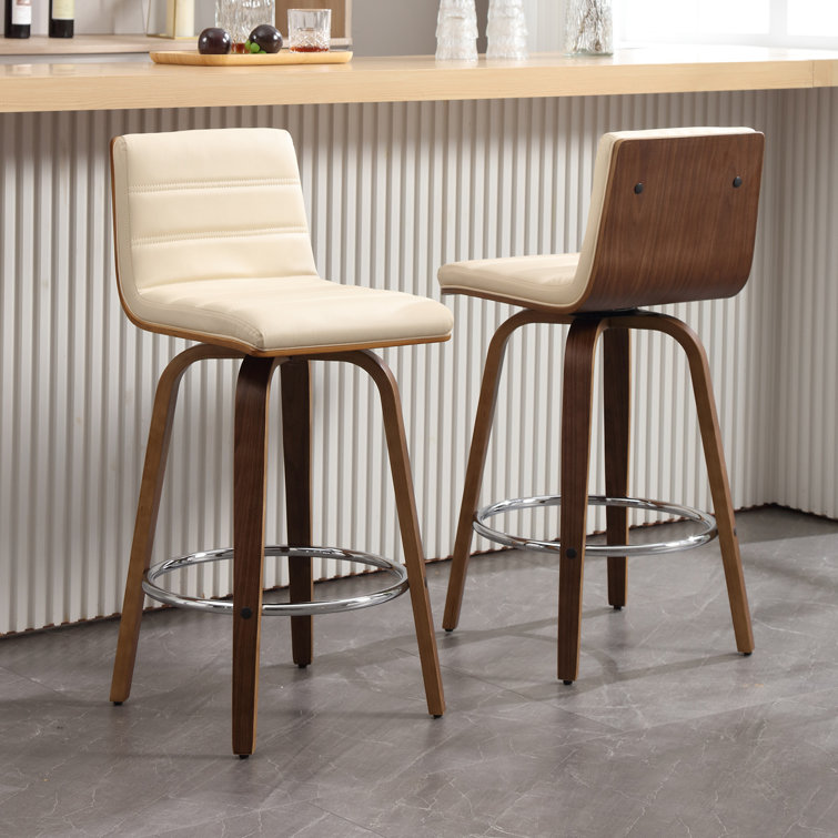 Beige Faux Leather Swivel Counter Stools with Walnut Legs, Set of 2