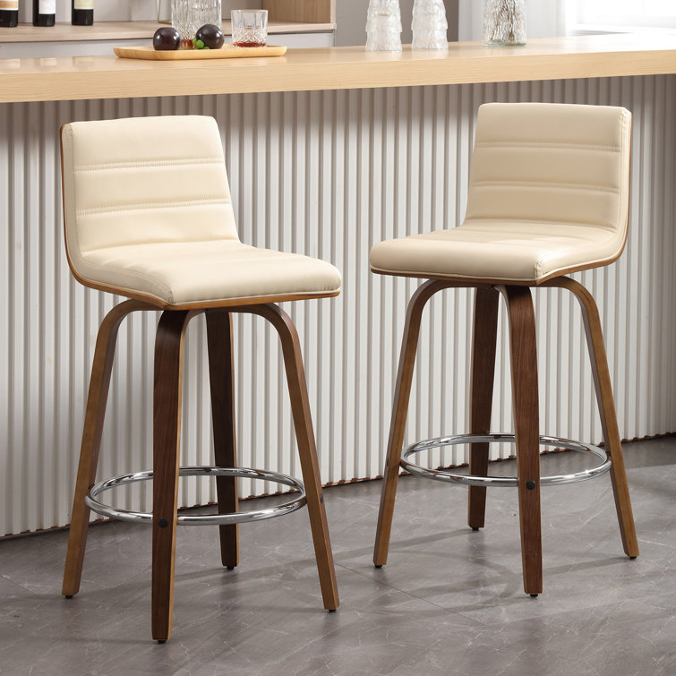 Beige Faux Leather Swivel Counter Stools with Walnut Legs, Set of 2