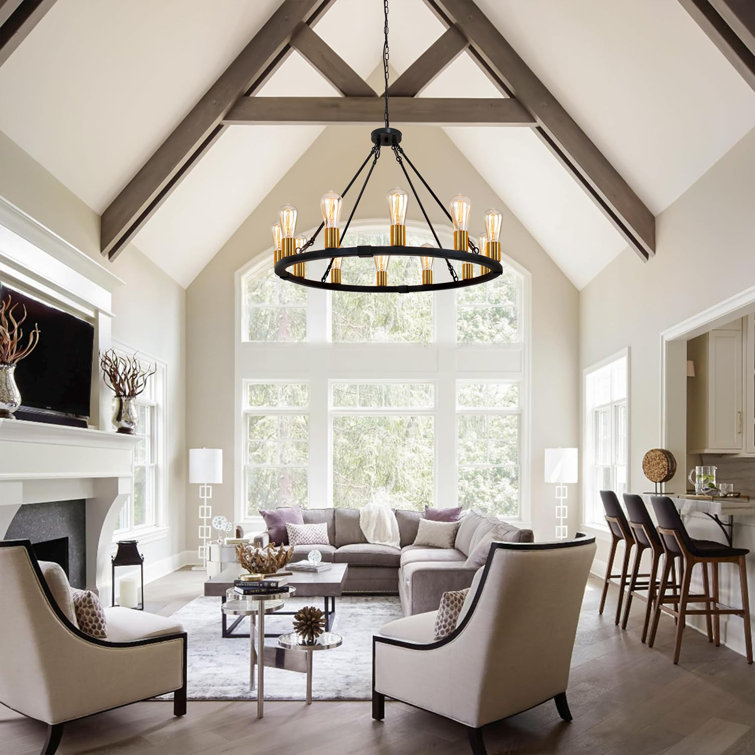Black and Gold 12-Light Wagon Wheel Chandelier