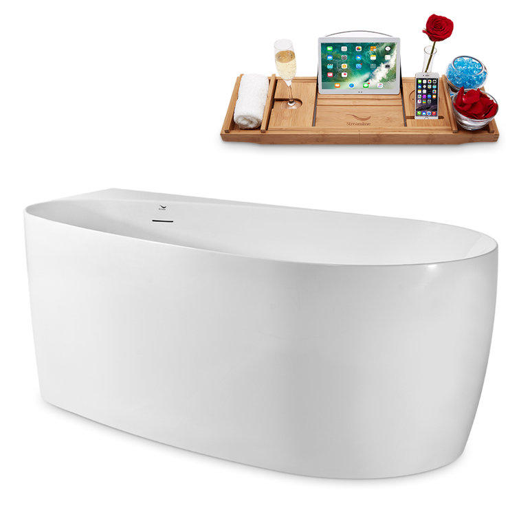 59" Glossy White Acrylic Freestanding Soaking Bathtub with Matte Black Trim
