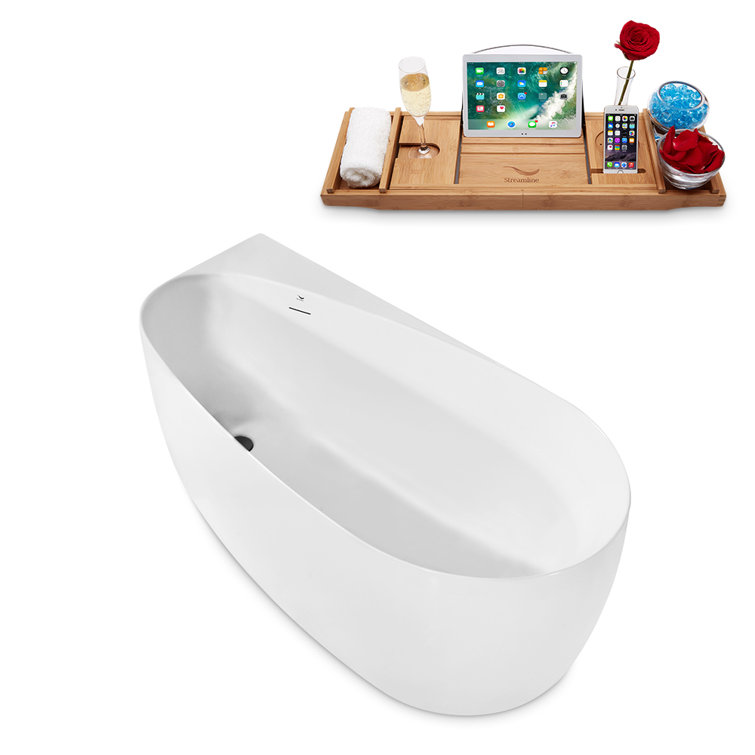59" Glossy White Acrylic Freestanding Soaking Bathtub with Matte Black Trim