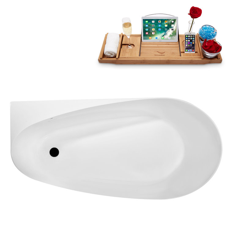 59" Glossy White Acrylic Freestanding Soaking Bathtub with Matte Black Trim