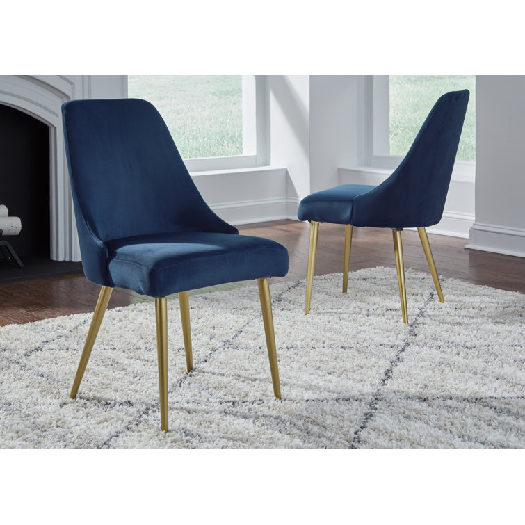 Blue Velvet Upholstered Dining Chair with Gold Metal Legs, Set of 2