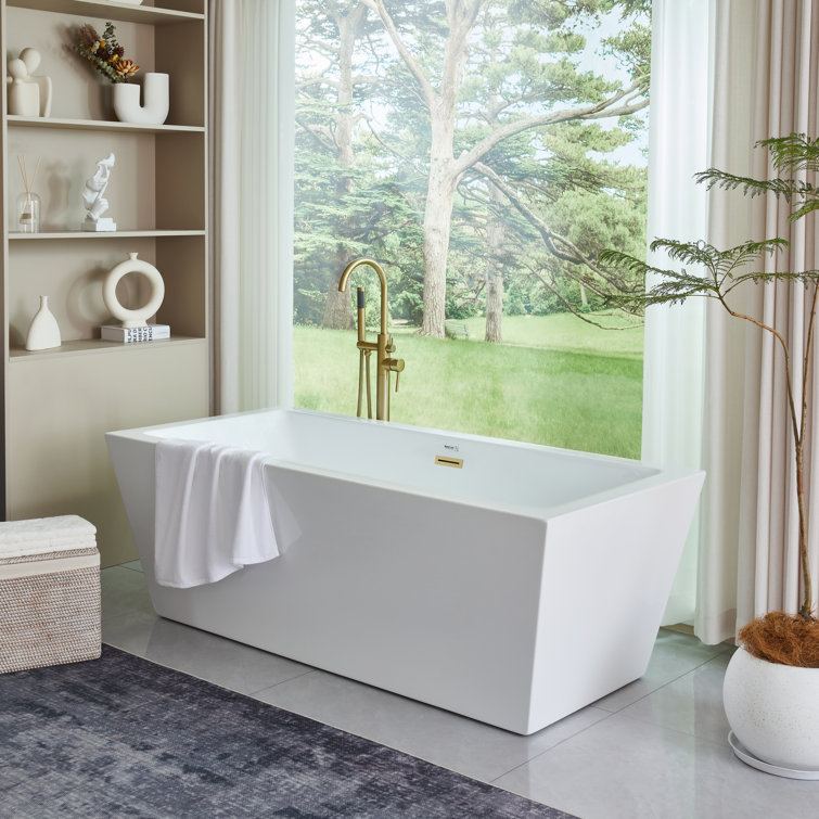 67" White and Gold Freestanding Acrylic Soaking Bathtub