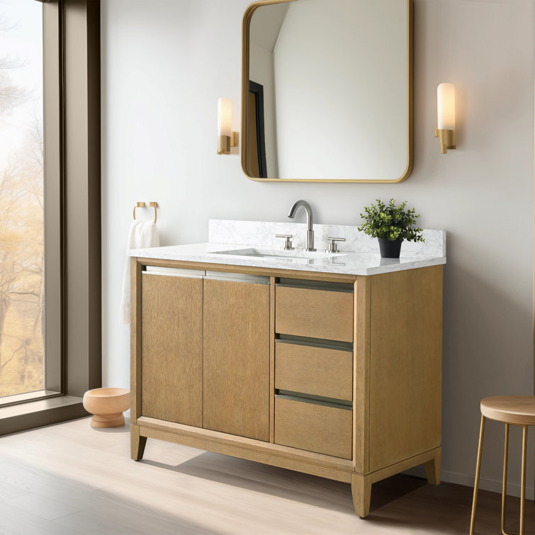 Natural Oak Single Sink Bathroom Vanity with Marble Top