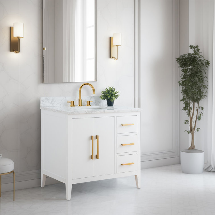 White and Gold 36" Single Bathroom Vanity with Ceramic Sink