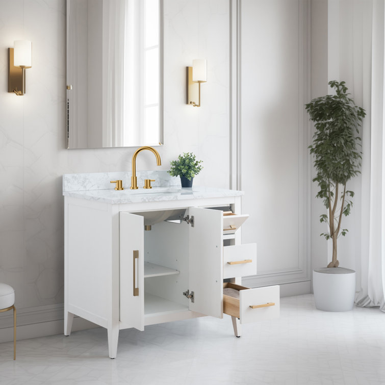 White and Gold 36" Single Bathroom Vanity with Ceramic Sink