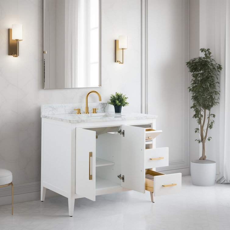 42'' White and Golden Brushed Freestanding Single Sink Bathroom Vanity