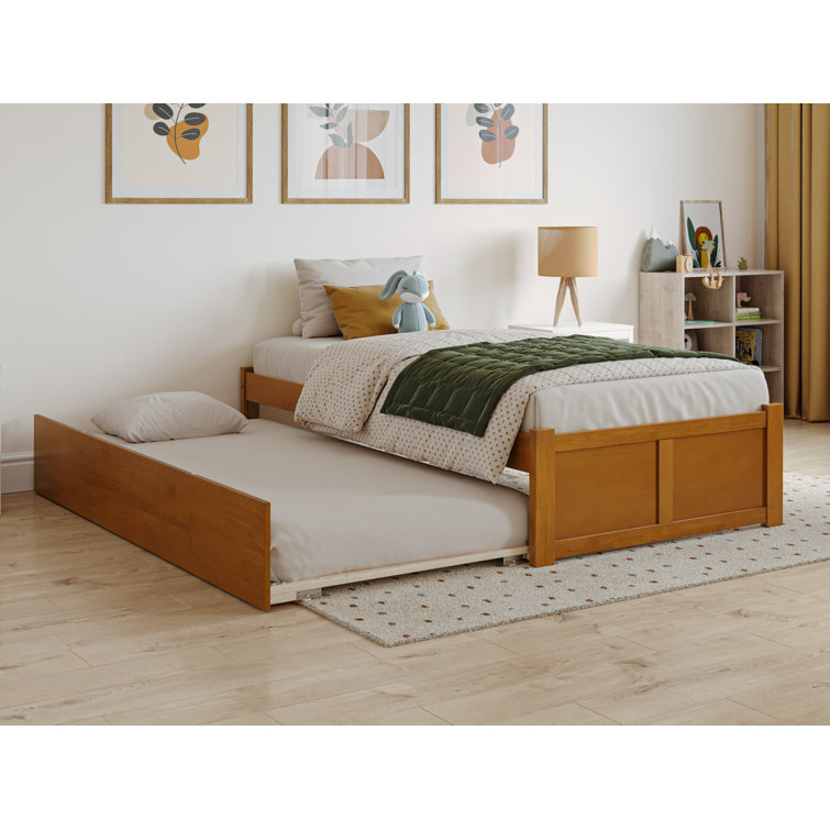Light Toffee Twin Wood Platform Bed with Trundle and Slats