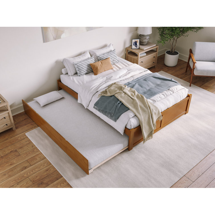 Light Toffee Queen Wood Platform Bed with Trundle and Slats