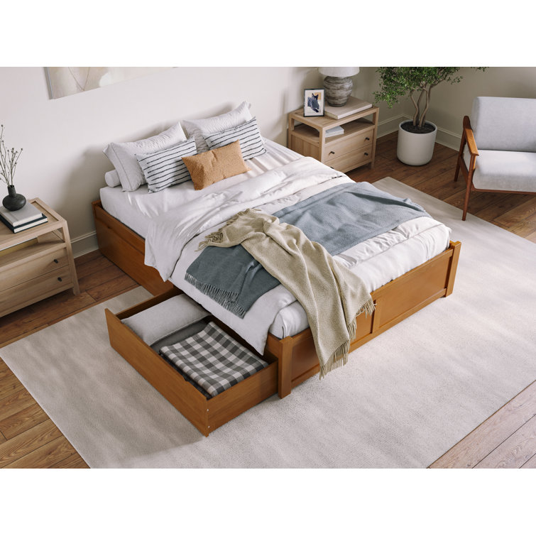 Light Toffee Solid Wood Queen Platform Bed with Storage Drawers