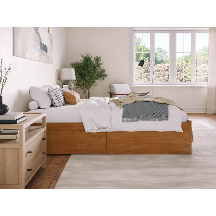 Light Toffee Solid Wood Queen Platform Bed with Storage Drawers