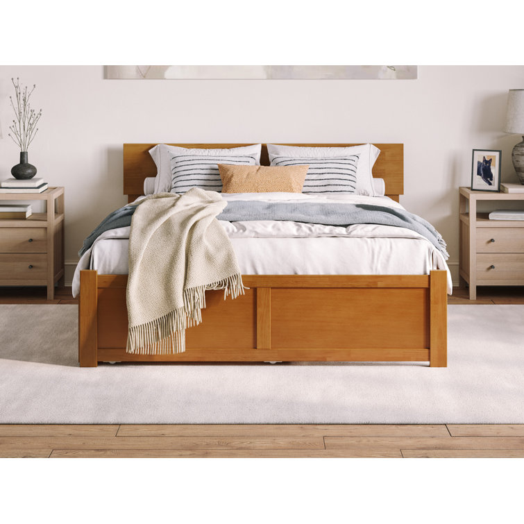 Light Brown Queen Wood Platform Bed with Storage Drawer