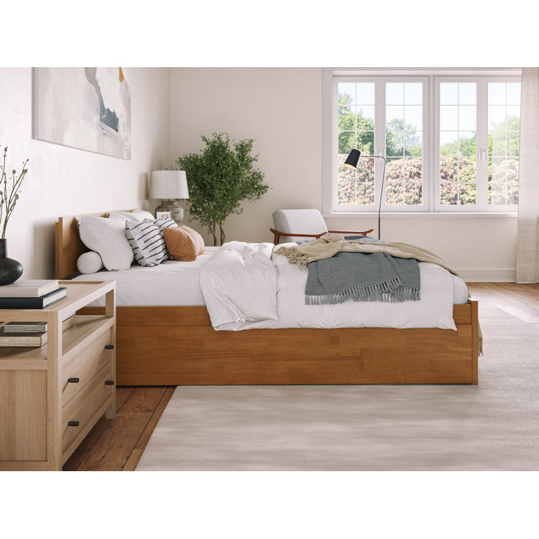 Light Brown Queen Wood Platform Bed with Storage Drawer