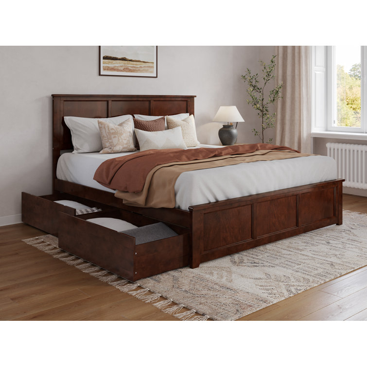 Walnut King Wood Platform Bed with Storage Drawers and Headboard