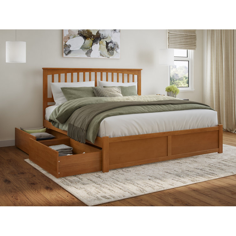 King Light Toffee Solid Wood Platform Bed with Storage Drawers