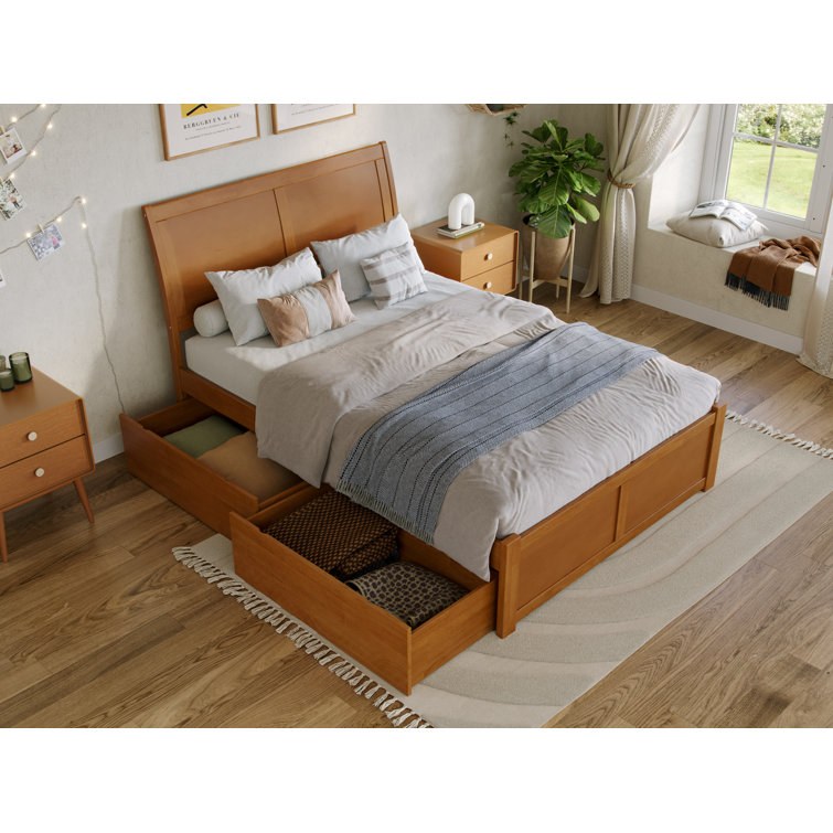 Light Toffee Full Wood Platform Bed with Sleigh Headboard and Storage Drawers