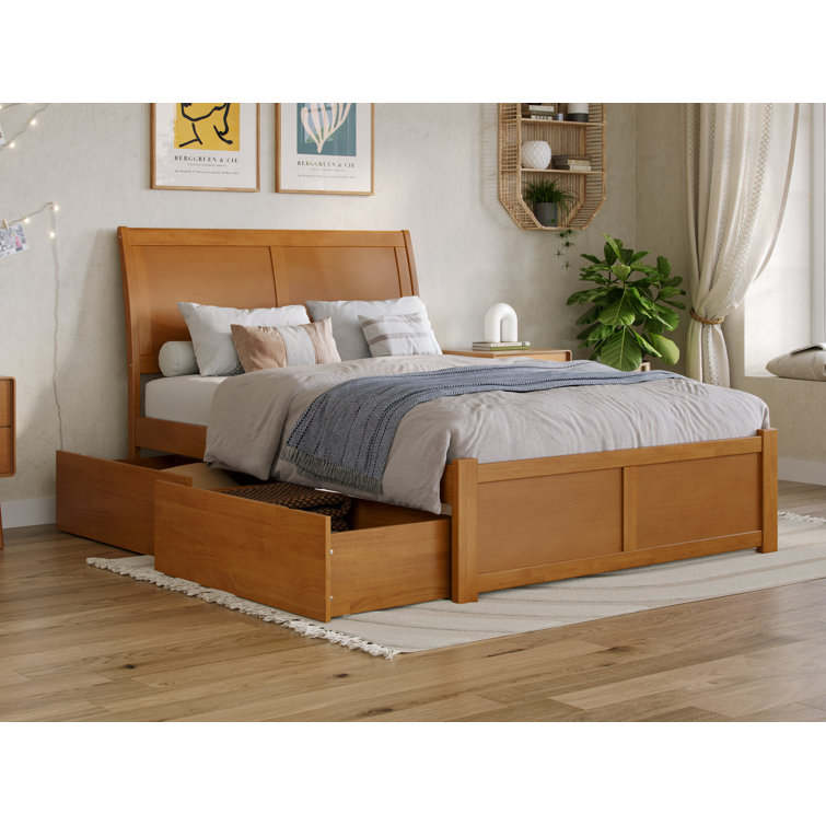Light Toffee Full Wood Platform Bed with Sleigh Headboard and Storage Drawers