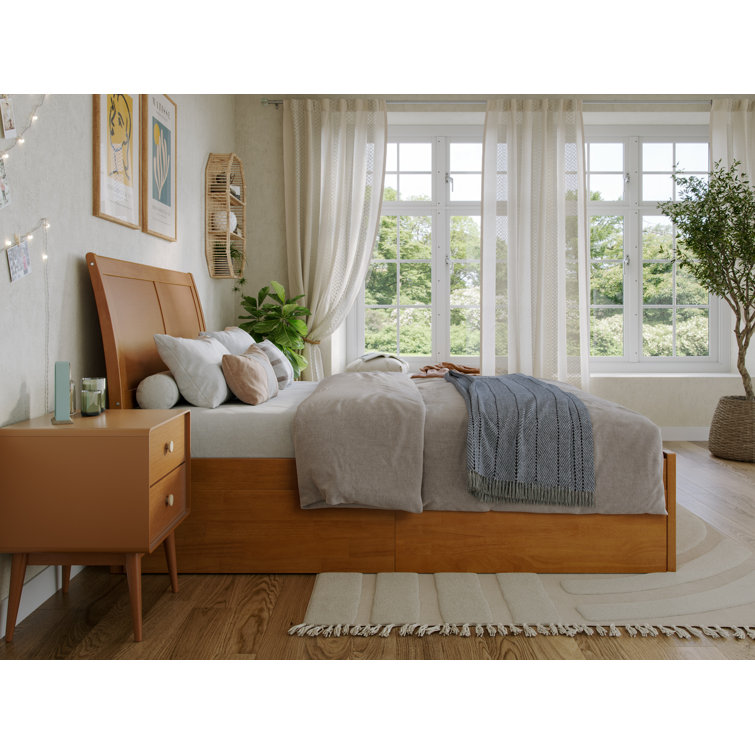 Light Toffee Full Wood Platform Bed with Sleigh Headboard and Storage Drawers