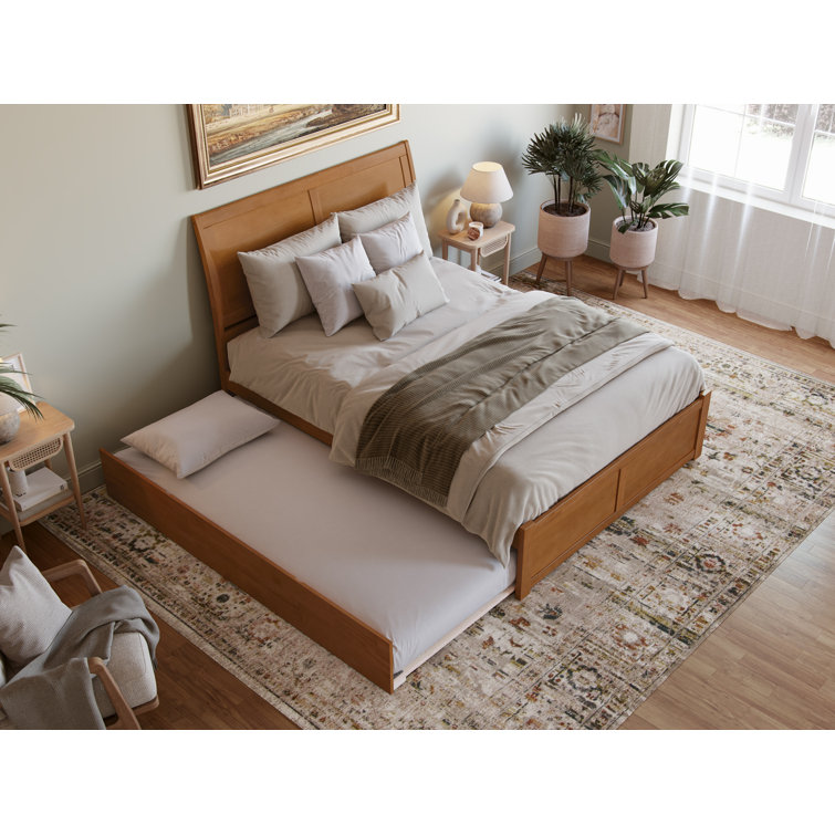 Light Toffee Queen Wood Platform Bed with Trundle and Headboard