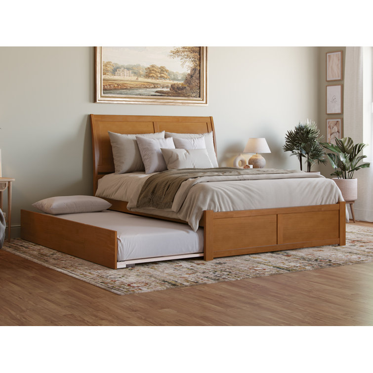 Light Toffee Queen Wood Platform Bed with Trundle and Headboard