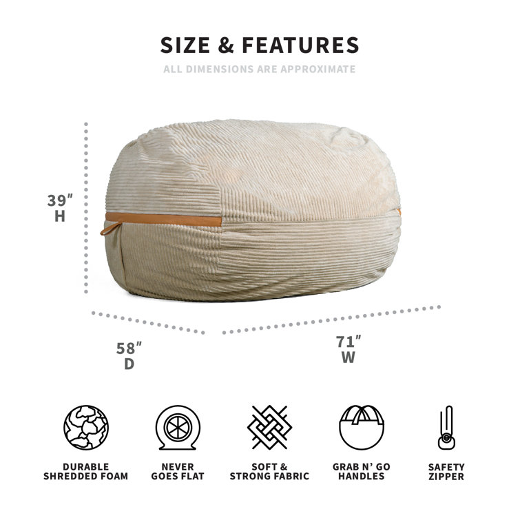 XXL Vanilla Latte Corded Plush Bean Bag Chair with Removable Cover