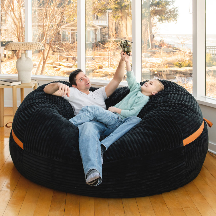 XXL Black Licorice Corded Plush Bean Bag Chair with Removable Cover
