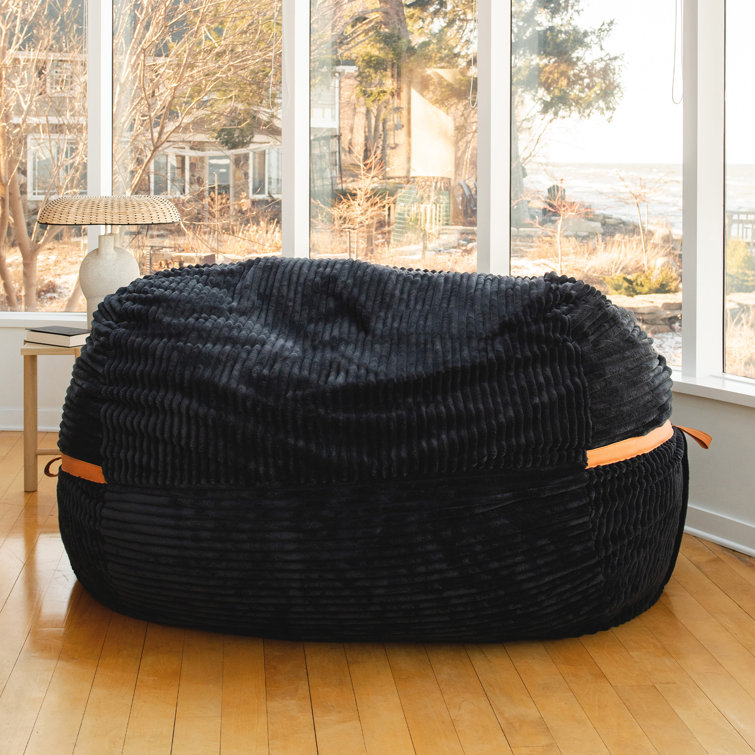 XXL Black Licorice Corded Plush Bean Bag Chair with Removable Cover