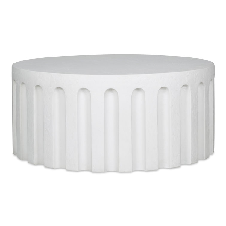 White Round Concrete Outdoor Coffee Table with Fluted Design