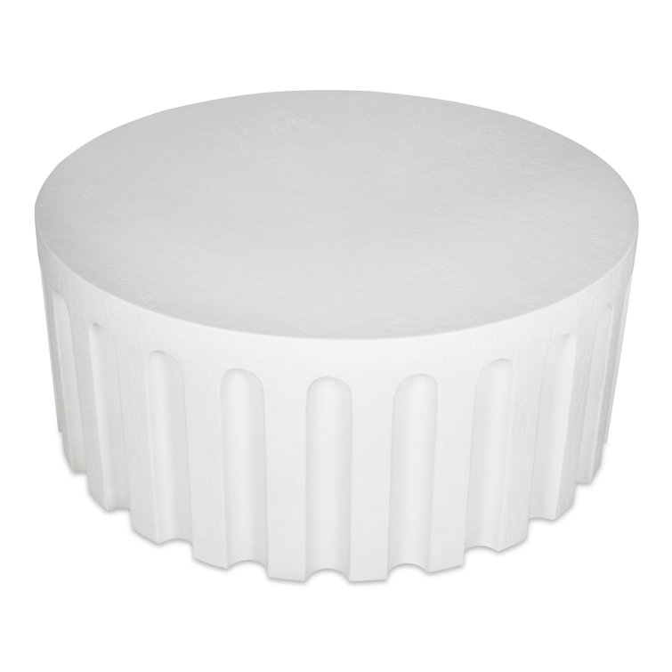 White Round Concrete Outdoor Coffee Table with Fluted Design