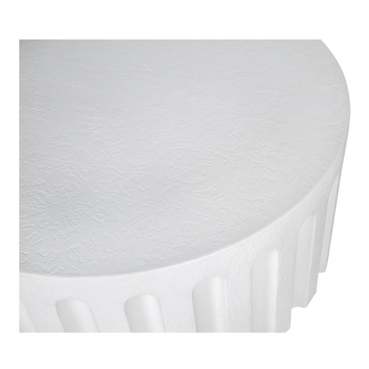 White Round Concrete Outdoor Coffee Table with Fluted Design