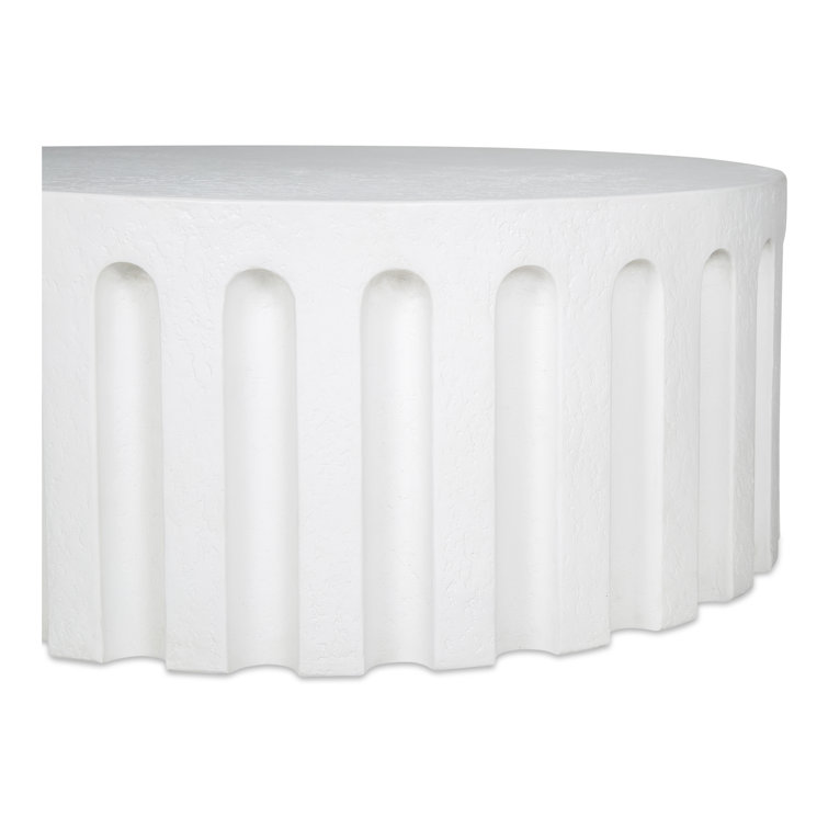 White Round Concrete Outdoor Coffee Table with Fluted Design